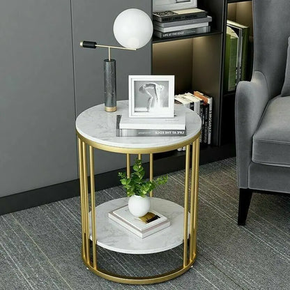 Modern  Moroccan Minimalist Round Marble Gold Accent Table / Coffee Table / Nightstand - 2 Tiers Storage