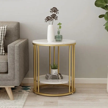 Modern  Moroccan Minimalist Round Marble Gold Accent Table / Coffee Table / Nightstand - 2 Tiers Storage