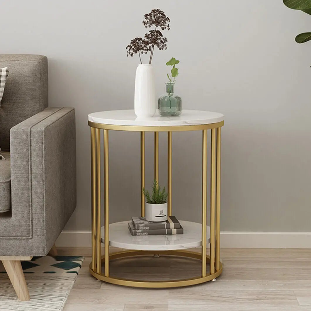 Modern  Moroccan Minimalist Round Marble Gold Accent Table / Coffee Table / Nightstand - 2 Tiers Storage