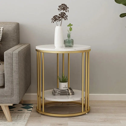 Modern  Moroccan Minimalist Round Marble Gold Accent Table / Coffee Table / Nightstand - 2 Tiers Storage