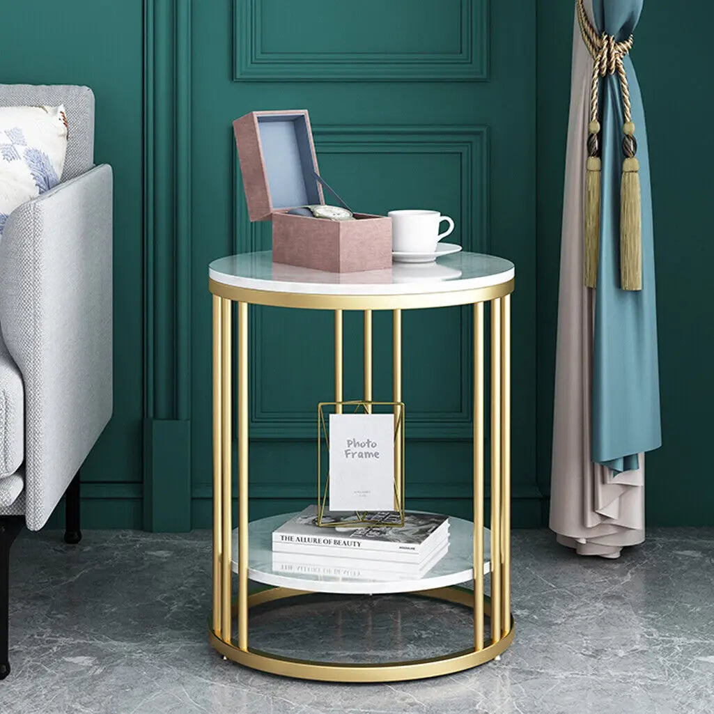 Modern  Moroccan Minimalist Round Marble Gold Accent Table / Coffee Table / Nightstand - 2 Tiers Storage