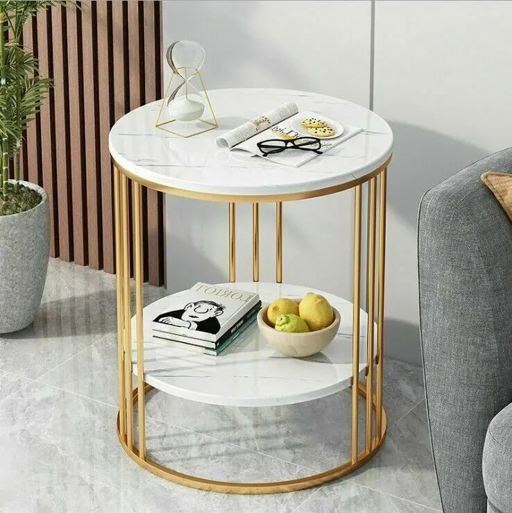 Modern  Moroccan Minimalist Round Marble Gold Accent Table / Coffee Table / Nightstand - 2 Tiers Storage